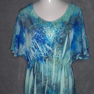 Catherines Dress 2X Blue Paisley Rhinestone Studded Neckline Flutter Sleeves